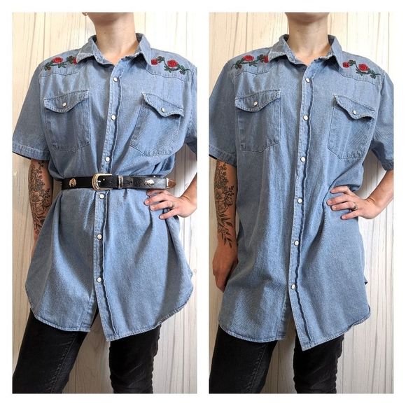 Pacsun Los Angeles Denim Shirt Rose Embroidery - Picture 1 of 7